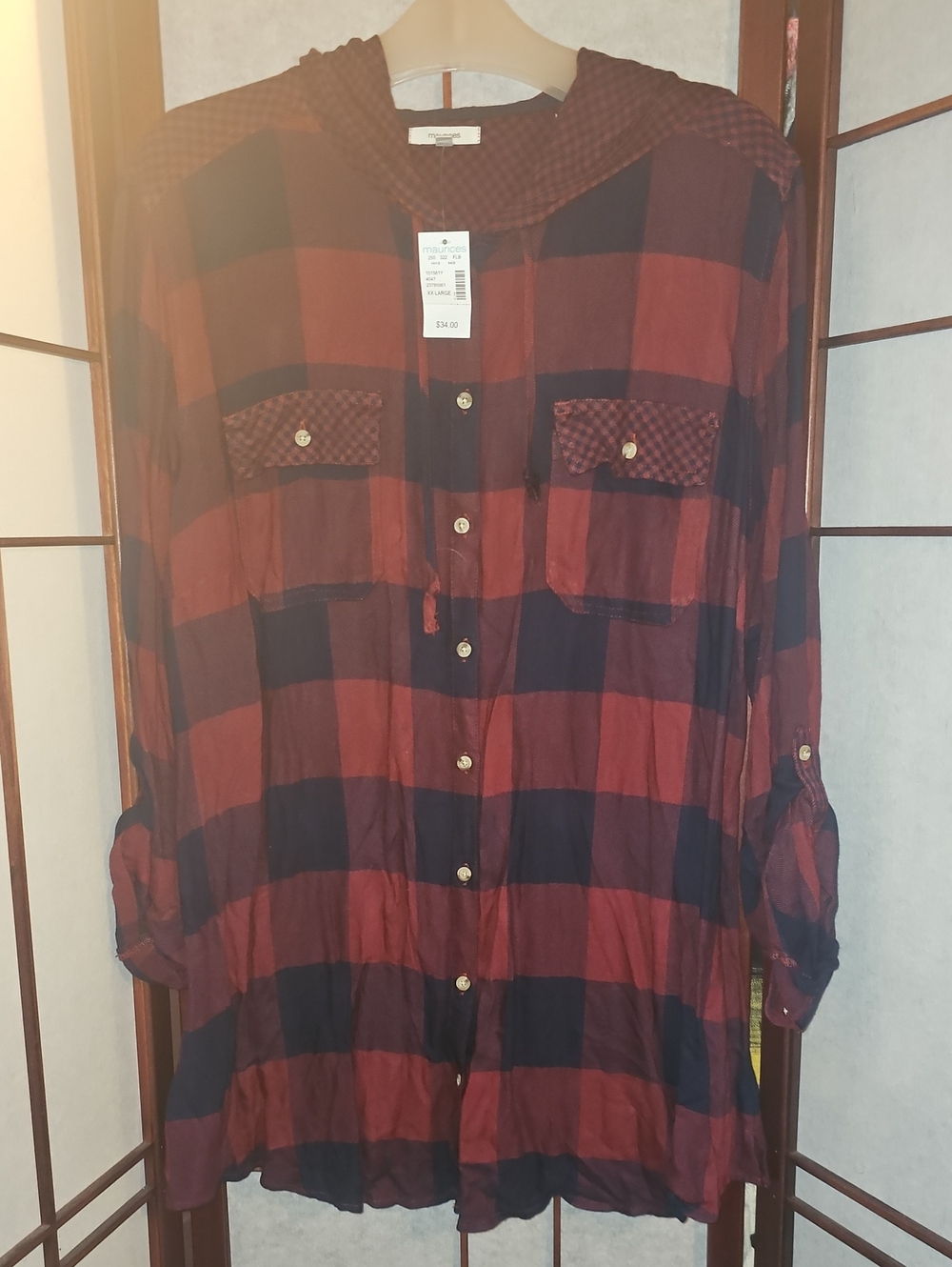 NWT Maurices Red & Navy Plaid Hooded Button-Down Shirt
